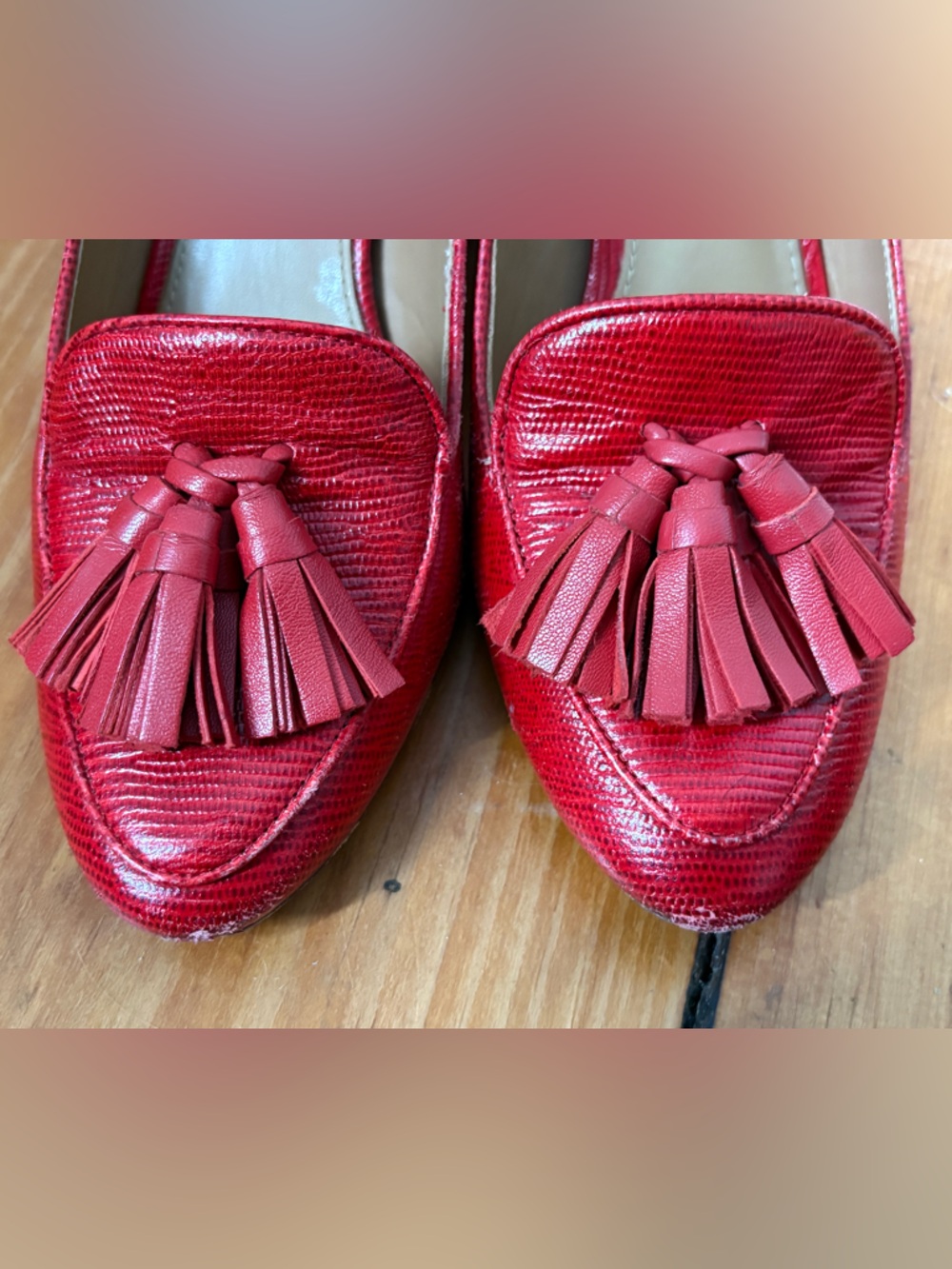 Tory Burch Kira Tassel Embossed Leather Chunky Heels Red Scarlet Ruby, Size 5.5 - Picture 6 of 9